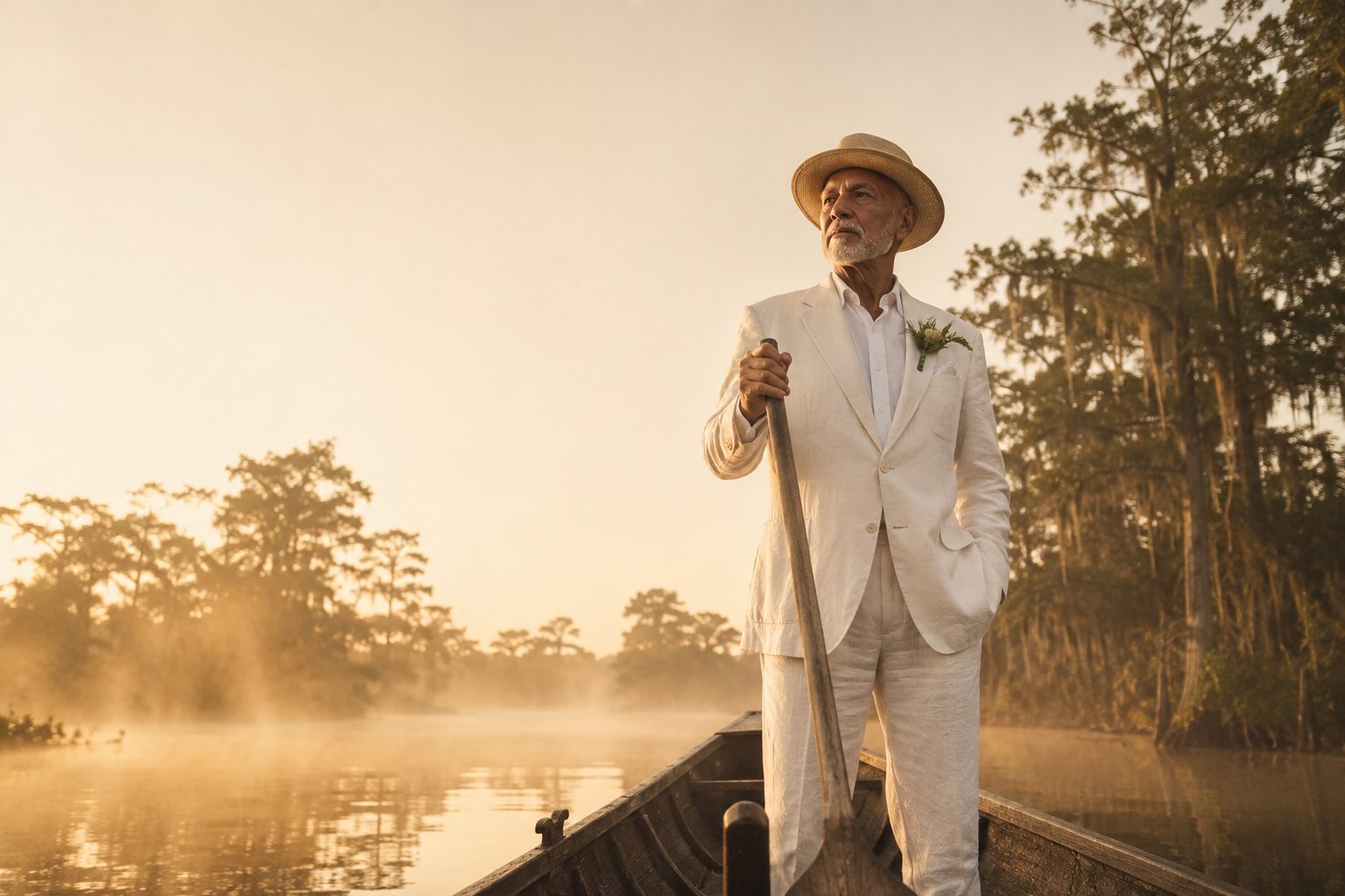 A man in a white linen suit stands in a wooden boat on a misty bayou at sunrise