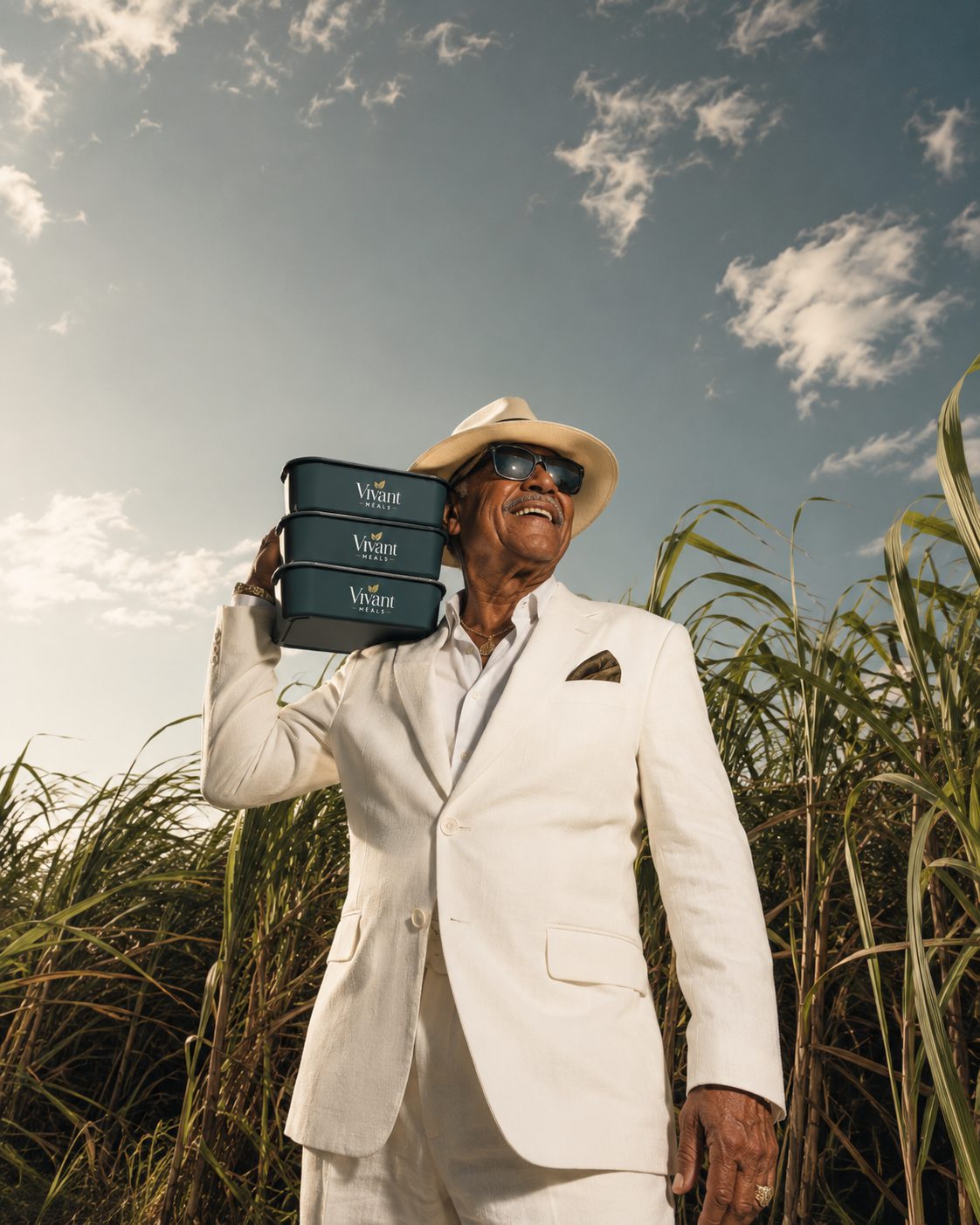 A dapper man in a white suit and fedora carries a stack of Vivant meal containers on his shoulder through a sugarcane field