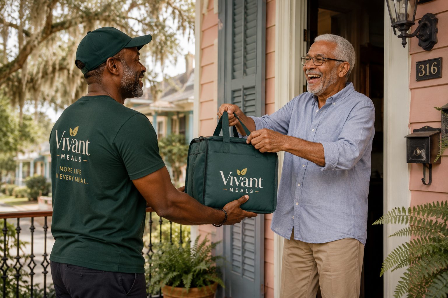 A Vivant driver hands a green insulated tote to a laughing man at the door of a pink shotgun house under Spanish moss