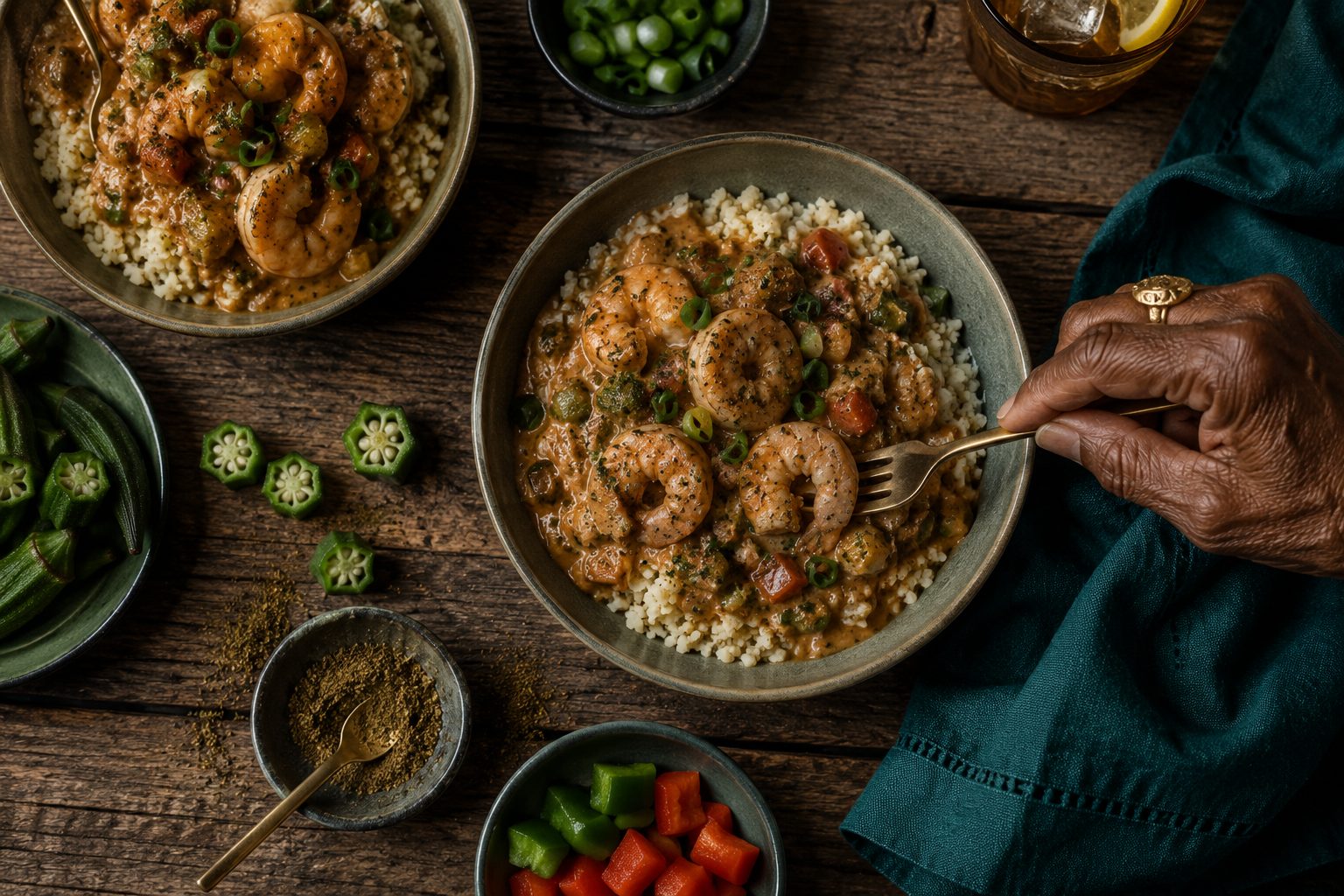 Overhead view of shrimp étouffée over rice with okra and a gold fork