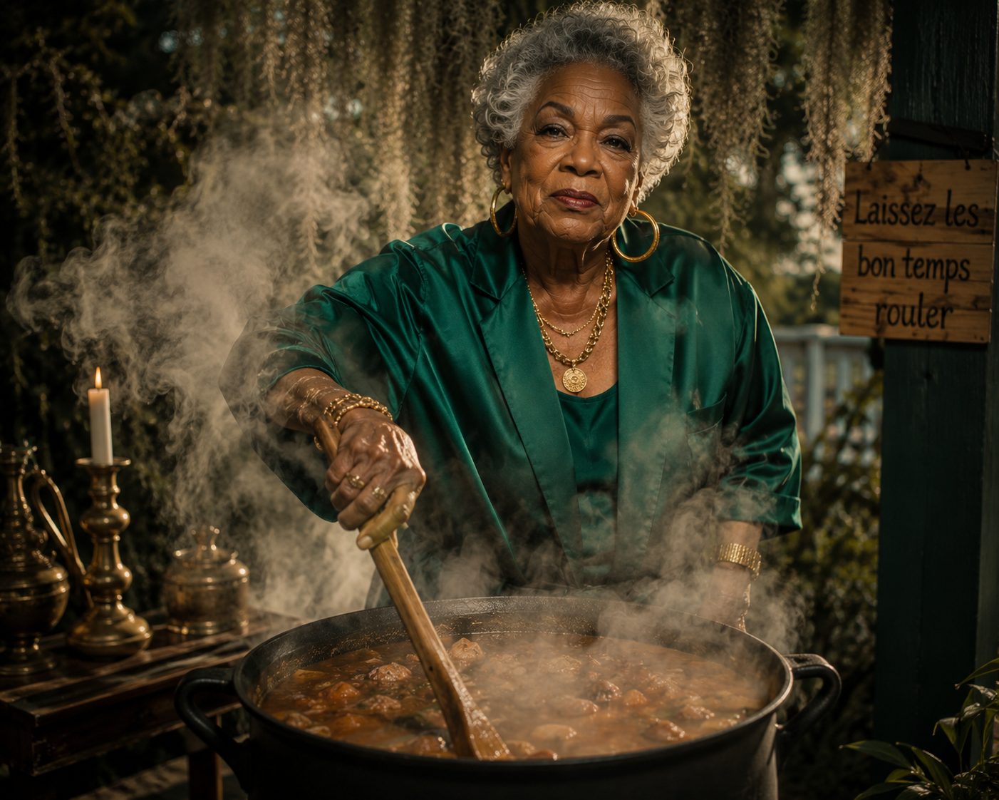 A regal woman in emerald silk stirs a huge cast-iron gumbo pot under Spanish moss, beside a sign reading Laissez les bon temps rouler