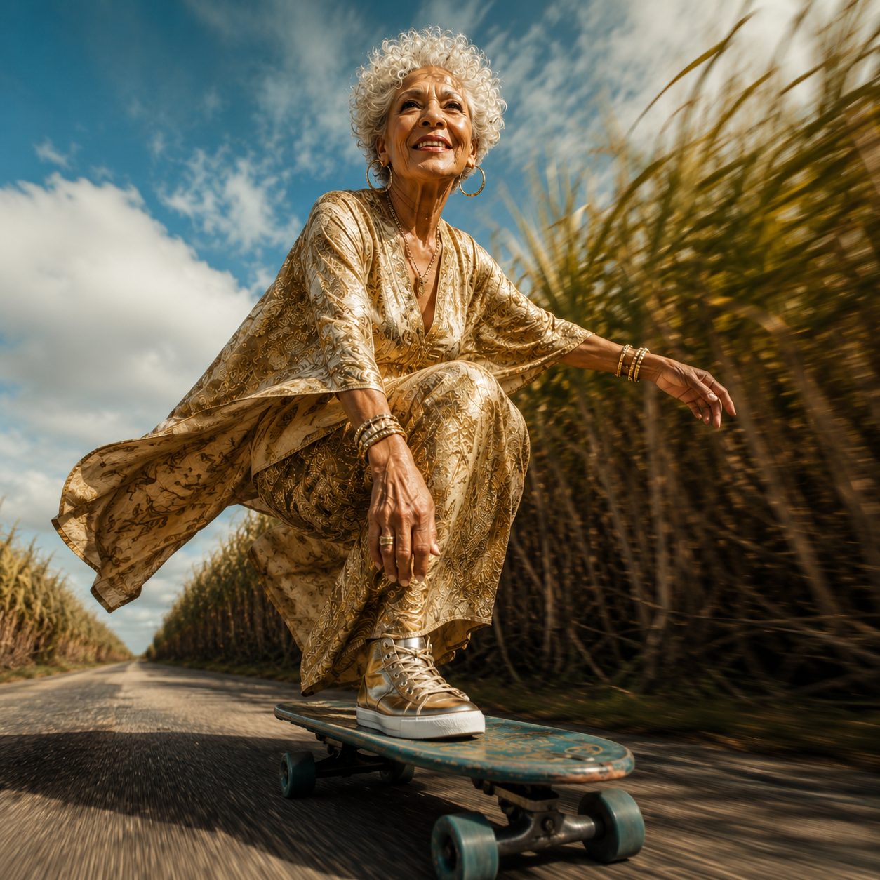 A silver-haired woman in a gold caftan rides a teal skateboard down a sugarcane field road