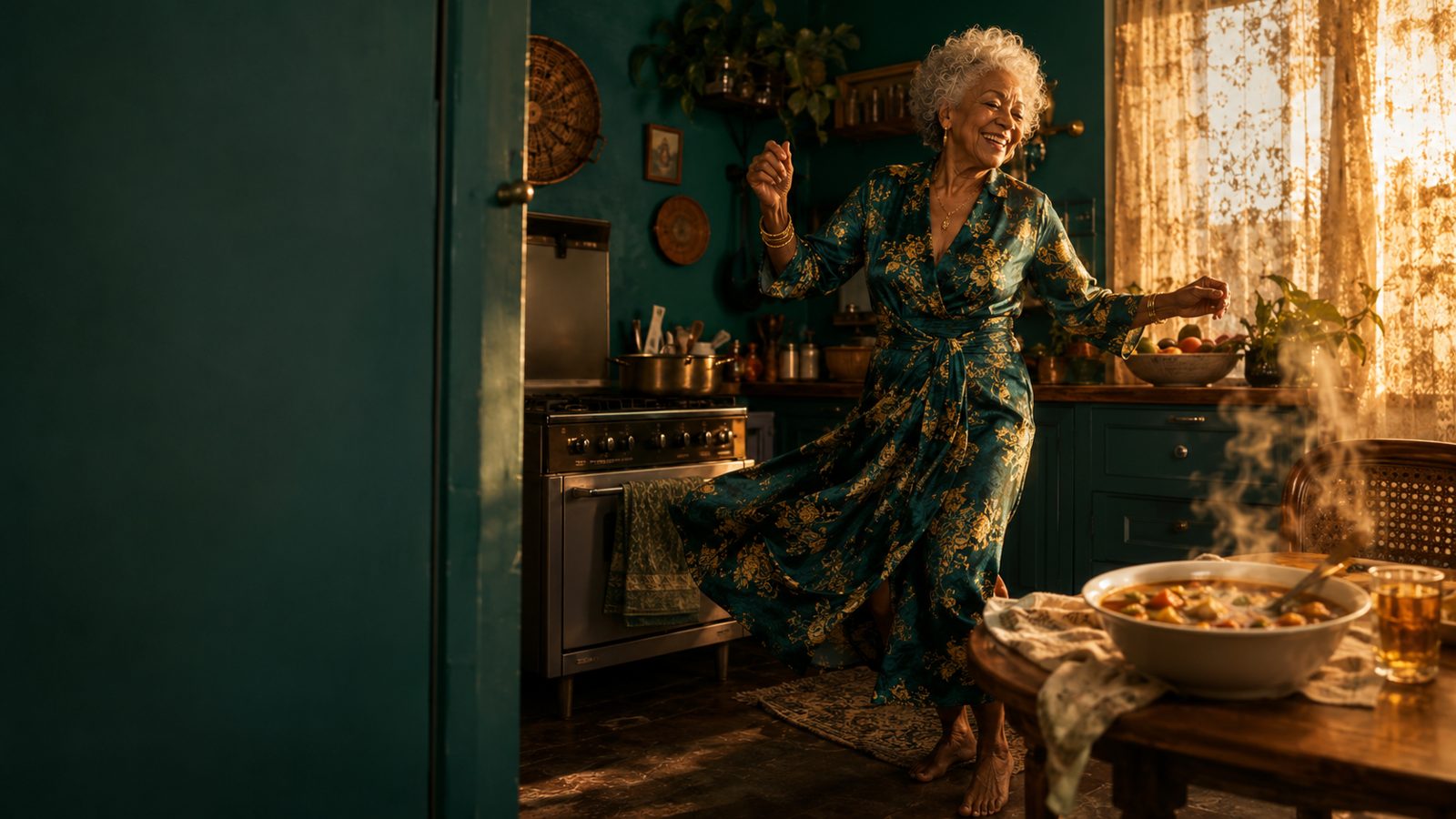 A woman in a teal and gold dress dances in her kitchen at golden hour while a bowl of soup steams on the table