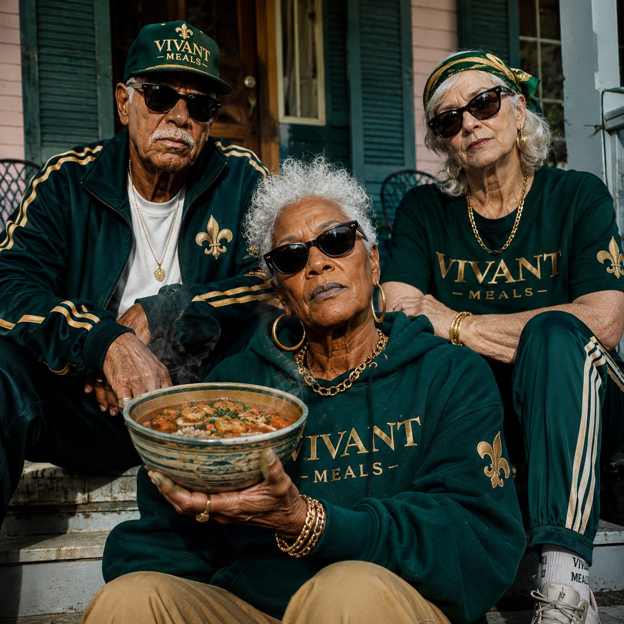 Three stylish elders in Vivant gear on a porch, one holding out a steaming bowl of gumbo