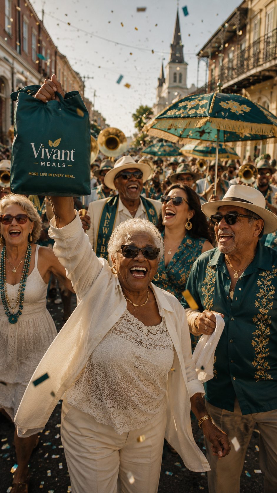 A jubilant second line parade — a woman holds a Vivant Meals bag high amid brass, umbrellas, and confetti