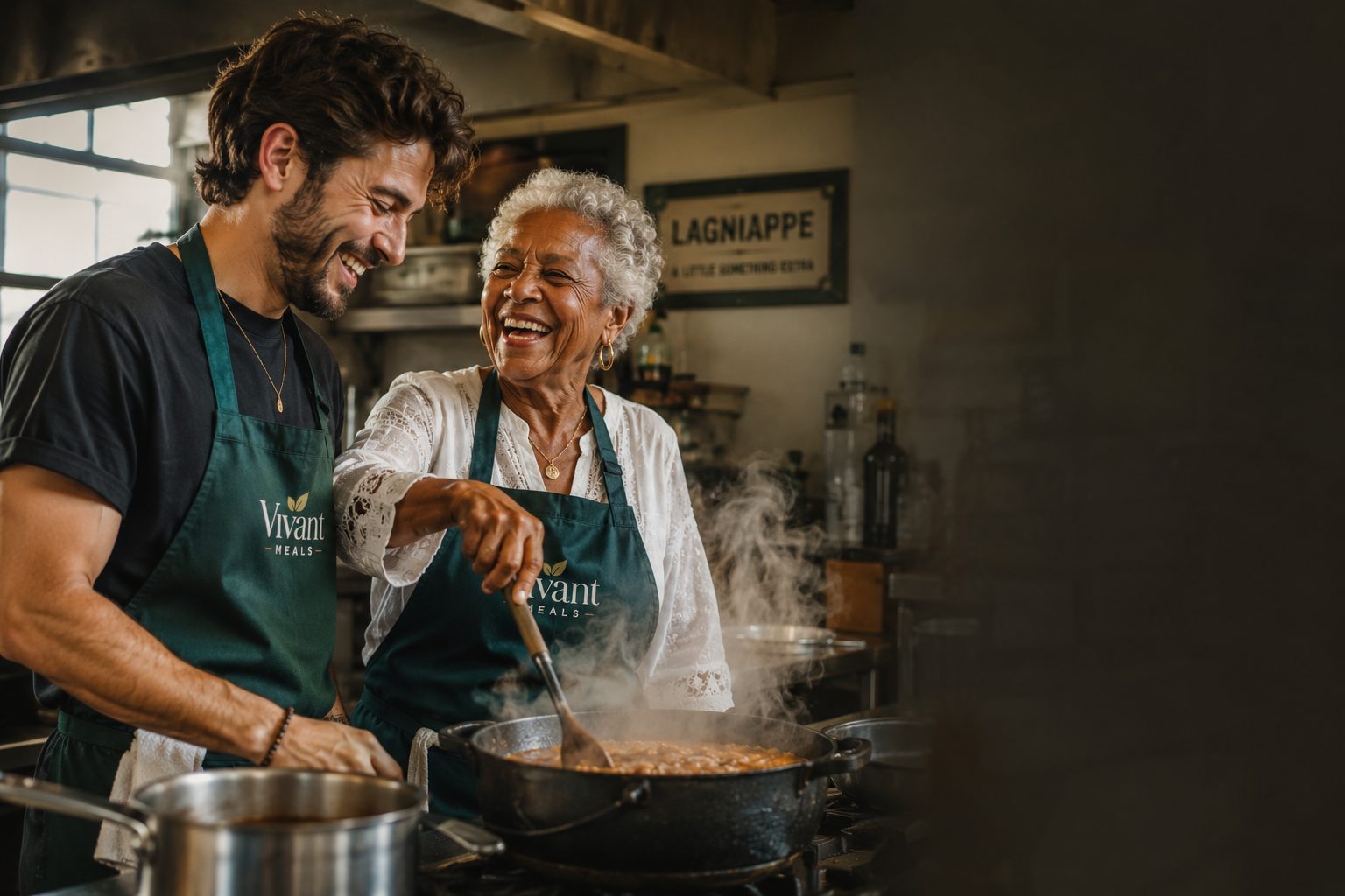 A young cook and an elder woman in Vivant aprons laugh together over a steaming pot beneath a Lagniappe sign